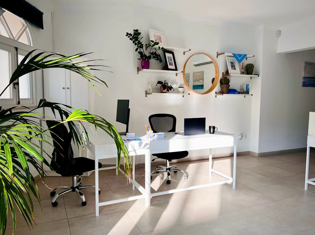 Une main utilisant un plumeau pour nettoyer un bureau en bois, entouré de plantes et d’objets de bureau.